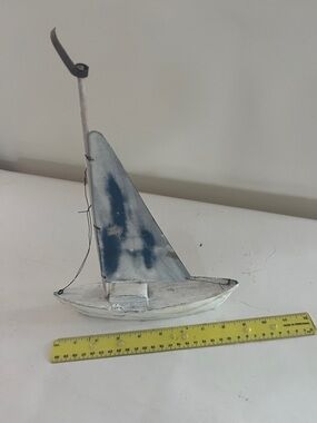 Wooden Sailboat Decor - White and Navy with metal sail